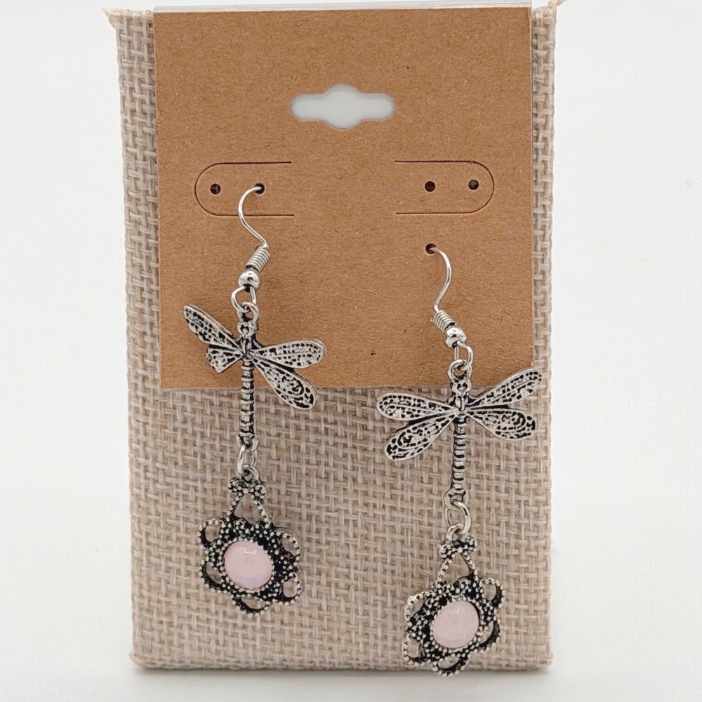 Marcasite Silver Dragonfly‎ Flower Dangly Earrings Pink Gem Women Boho Feminine